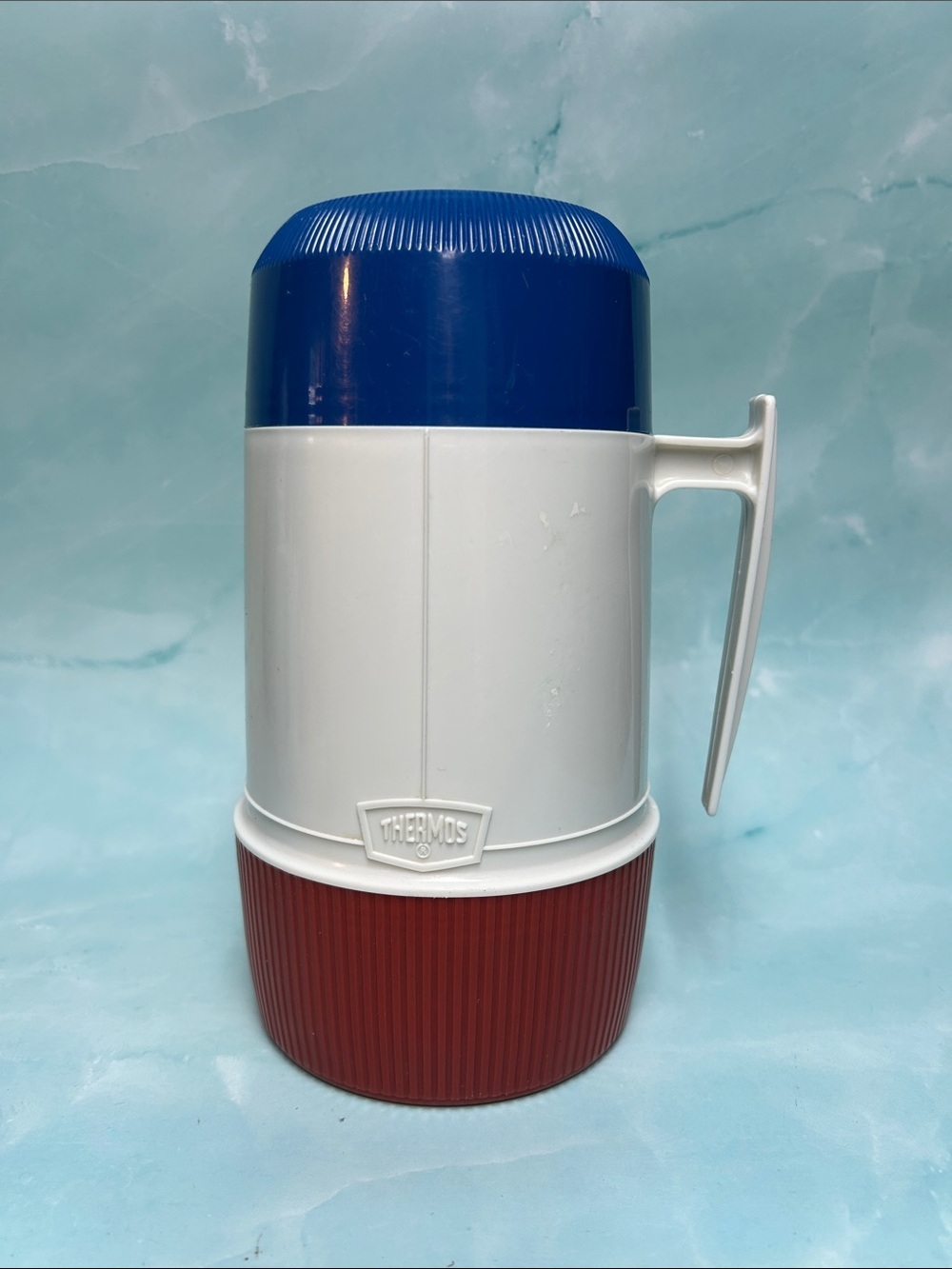 Vintage Thermos Glass Vacuum Jar Thermos Pint Size Model 6202 burnt sienna/blue